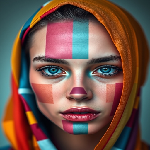 Create a high-resolution image of an abstract portrait with vibrant colors and geometric patterns, using a Canon EOS R5 camera with a 50mm f/1.2 lens, set to ISO 100, aperture f/4, shutter speed 1/125 sec, in soft focus with a shallow depth of field.