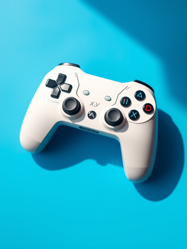 Create a detailed image of a sleek white gaming controller centered on a bright blue circular background, using a DSLR camera with a 50mm lens, aperture set to f/2.8 for shallow depth of field, ISO 100 for high quality, with a soft natural light source and a slight shadow to enhance depth.