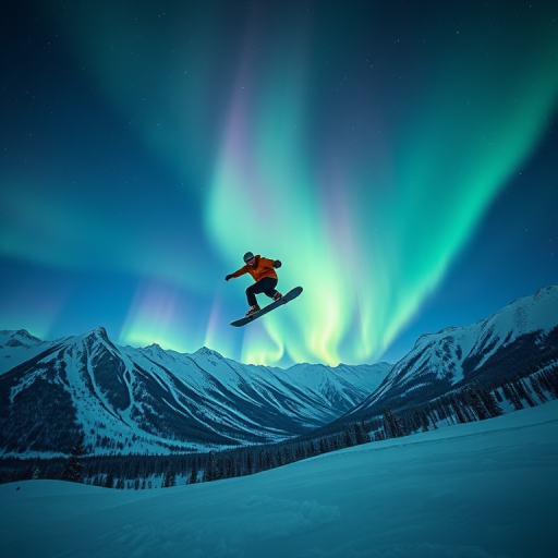 Snowboarder in mid-air against a backdrop of vibrant auroras in a wintry mountain landscape, captured with a Canon EOS R5, 24mm lens, aperture f/2.8, shutter speed 1/1000s, ISO 200, wide-angle view, high dynamic range, vivid colors.