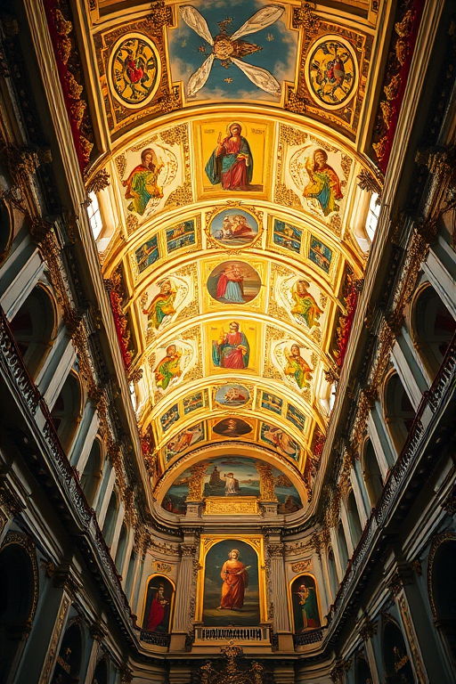 Regenerate the image of a grand church ceiling featuring ornate golden decorations and religious paintings, captured with a DSLR camera, 24mm lens, f/8 aperture, ISO 100, top-down view, natural lighting for enhanced clarity and detail.