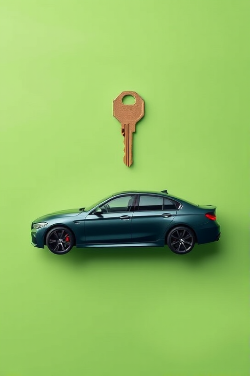 Create a high-resolution vector image of a car with a key above it, using a Canon EOS 5D Mark IV camera with an aperture of f/8, ISO 100, 50mm lens, in a flat lay style and centered composition on a solid green background.