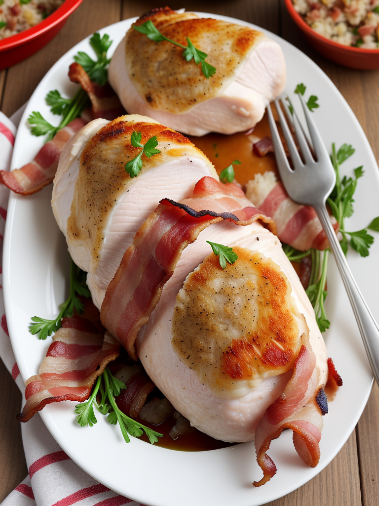 chicken breast with stuffing wrapped in bacon