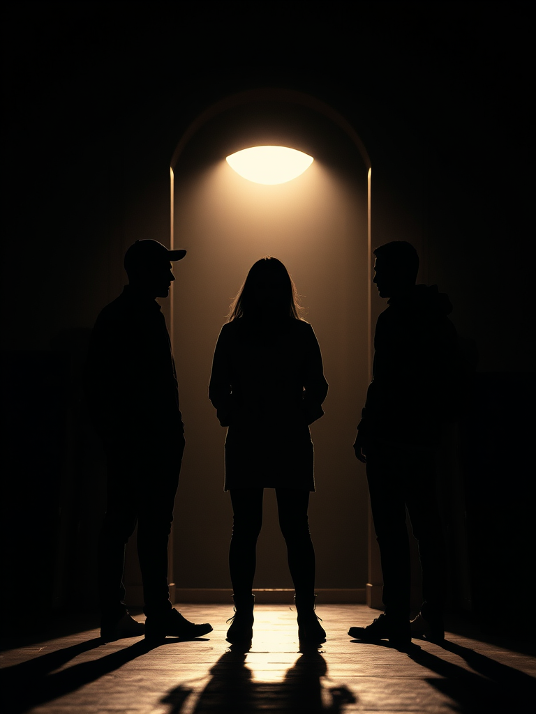 Regenerate a dramatic silhouette scene with three figures in a dimly lit setting, using a Canon EOS R5 camera, 50mm lens, f/1.8 aperture, ISO 400, 1/60 shutter speed, with soft backlighting and a warm monochromatic color scheme to enhance contrast and detail.