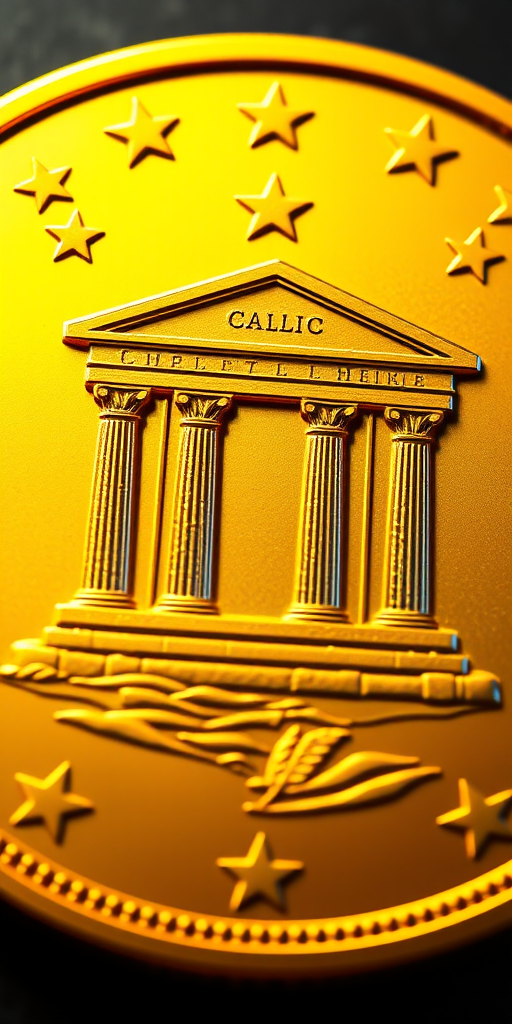 Create an illustration of a gold coin featuring a classical building with columns and stars around it, using a high-resolution digital art style, with a macro view, 50mm lens, f/2.8 aperture, and vibrant colors for enhanced depth and detail.