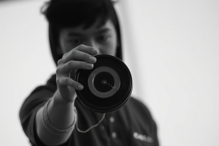 Capture a high-contrast black and white image of a performer skillfully manipulating a yoyo, using a Canon EOS R5 with a 50mm f/1.2 lens, aperture set to f/2.8, ISO 100, and a shutter speed of 1/500 sec, with a shallow depth of field and a soft focus background.