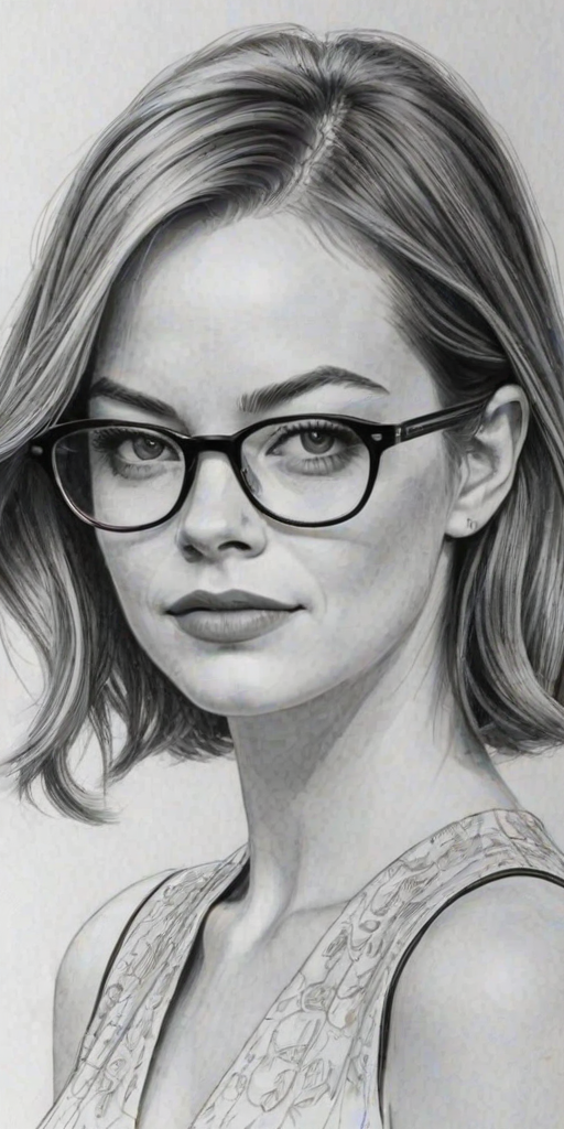 Elegant Emma Stone, pencil sketch, portrait of Stunning woman 1959s in glasses, hair style beatnik, outline, clear lines, fine lines, 8k