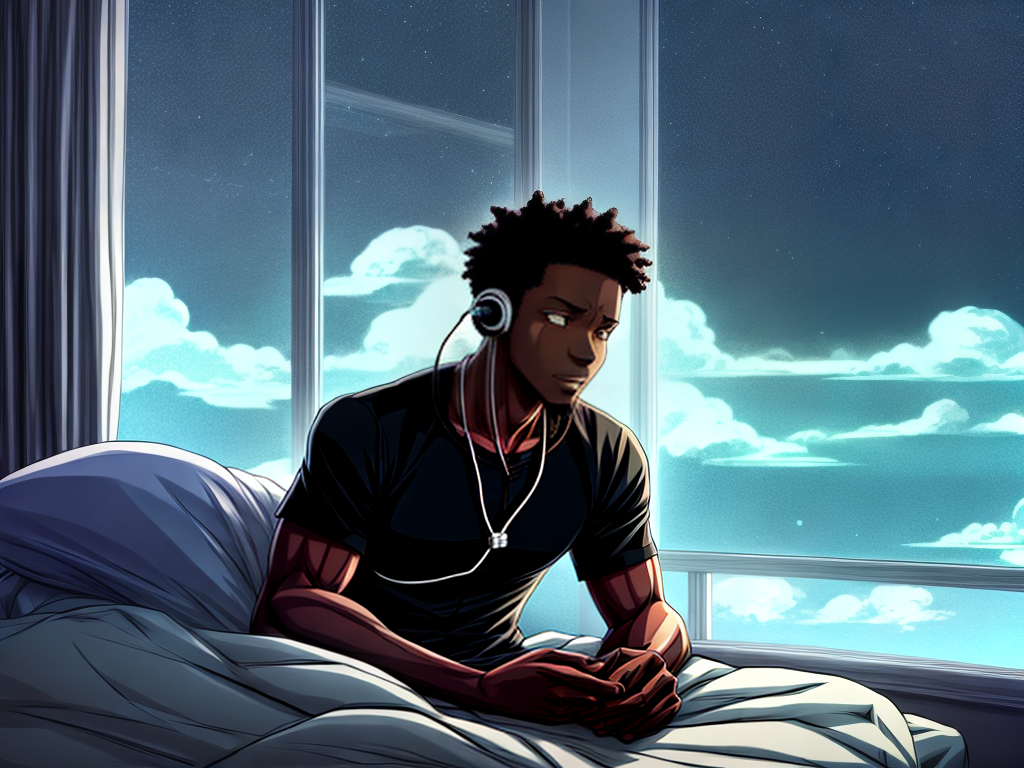 1 an anime style black man, with headphones lying on the bed, next to ...