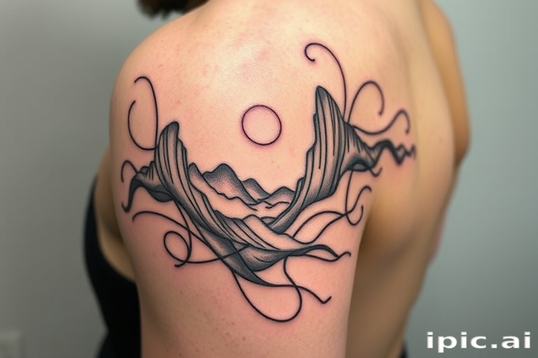 Continuous line tattoo named "Fluid Motion" depicting a complex scene or portrait using a single, unbroken line that weaves and loops to create depth and form, recognized for its minimalist yet expressive style