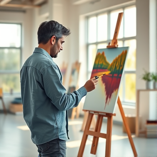 A focused artist painting on an easel in a spacious studio with natural light streaming through large windows, vibrant color palette, soft depth of field, aperture f/2.8, shutter speed 1/100s, ISO 200, shot with a full-frame DSLR camera in portrait orientation.