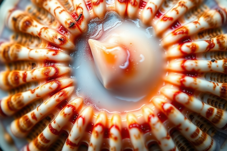 a highly detailed close-up of a scallop shell with intricate textures and colors, taken with a DSLR camera at f/2.8 aperture, 1/125 sec shutter speed, ISO 100, shot from a top-down perspective using natural lighting for enhanced clarity and vibrancy