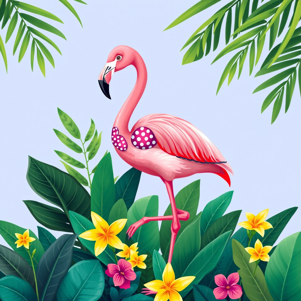 Create a vibrant illustration of a pink flamingo standing on one leg among tropical leaves, with a two-piece polka dot bikini set and bright green flowers, using a Canon EOS R5 with a 50mm f/1.2 lens, aperture set to f/2.8, ISO 100, and a shallow depth of field for enhanced detail and color contrast.