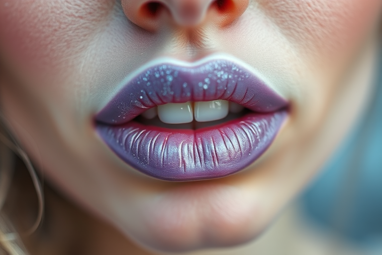 Frosted lavender lips with a pearlescent sheen, reminiscent of winter frost, creating a delicate and ethereal look for a fairy-tale inspired costume