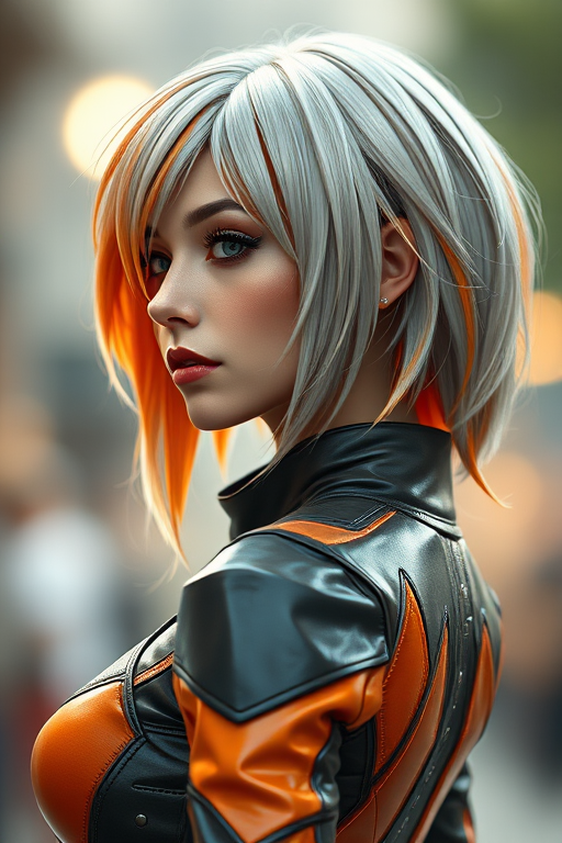 female character with silver and orange hair wearing a futuristic leather outfit, side profile, soft bokeh background, f/1.8 aperture, ISO 100, 50mm lens, natural light, portrait photography