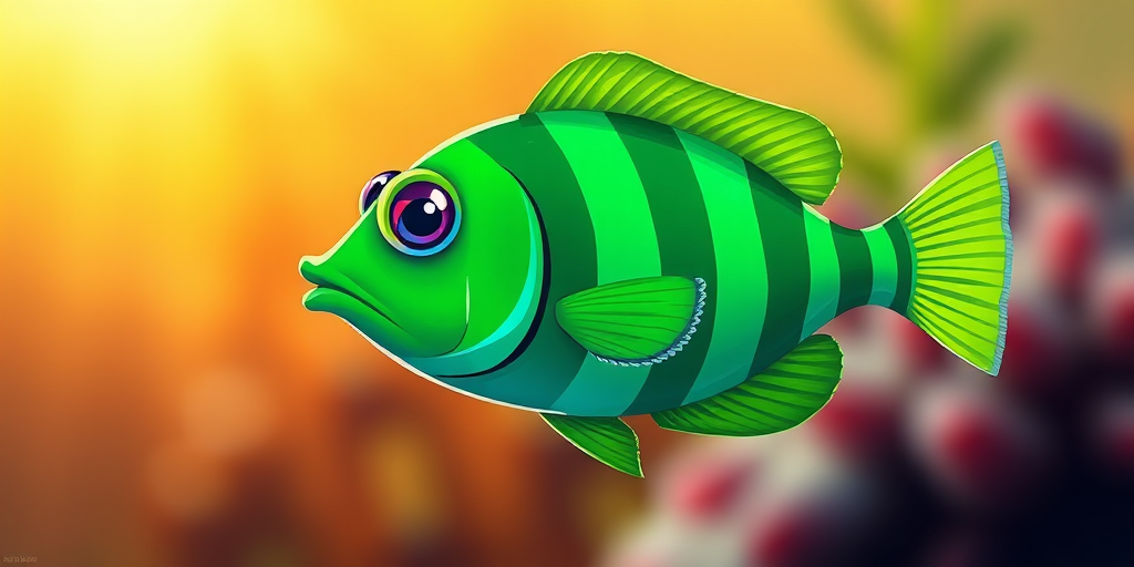 Create a vibrant cartoon-style image of a green striped fish, shot with a DSLR camera at f/8, shutter speed 1/250, ISO 200, with a focus on the fish and a blurred background to enhance visual appeal.