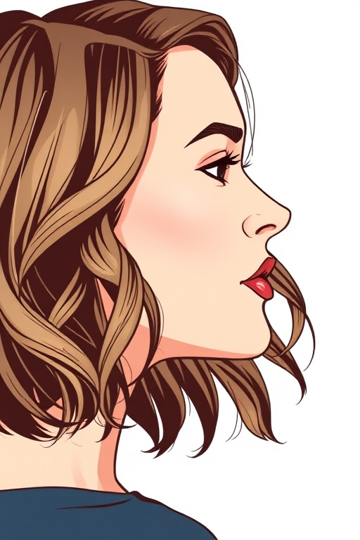Create a high-resolution side profile illustration of a woman with short wavy hair, using a DSLR camera with a 50mm lens, aperture set to f/2.8, shutter speed at 1/200s, and natural lighting for enhanced details and sharpness.