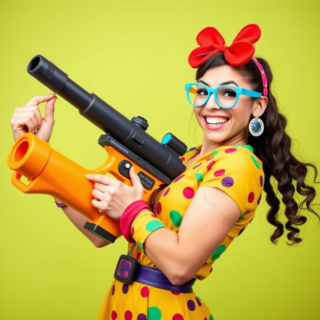 A playful woman holds a bazooka with a mischievous grin, her pose exaggerated and cartoonish. She’s dressed in a colorful, quirky outfit with oversized accessories, giving her a whimsical and fun appearance. The bazooka, although large, is designed in a cute, almost toy-like style, adding to the humorous and lighthearted vibe of the scene. The background is bright and cheerful, enhancing the overall playful atmosphere.
We share ALL our prompts in the Bing Image Prompts group: