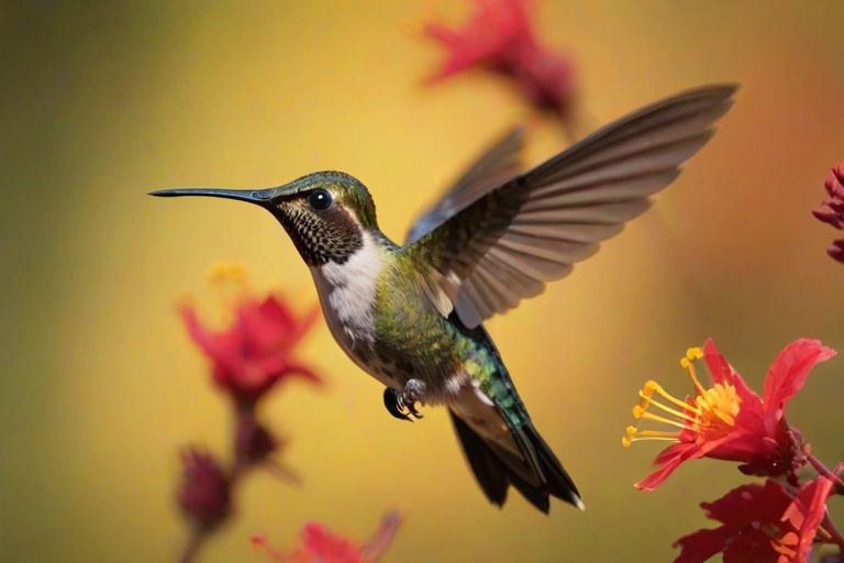 Sharp, detailed close-up of a hummingbird in mid-flight, its wings blurred from rapid movement, with vibrant red and yellow flowers providing a colorful backdrop in soft sunlight.