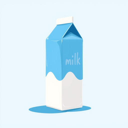 Create a high-resolution illustration of a blue milk carton, with a flat perspective, using a digital painting style, lens 50mm, aperture f/2.8, and brighten the colors for a vibrant look.