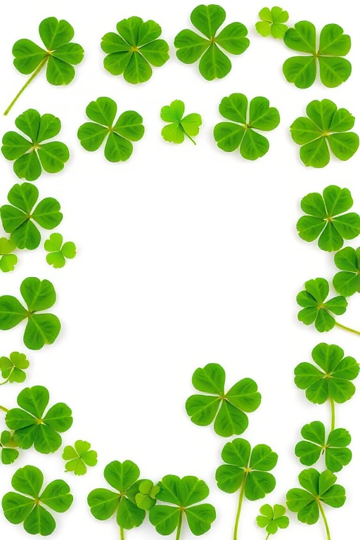 create an image of a rectangular frame made of vibrant green clover leaves on a white background, taken with a DSLR camera at f/4 aperture, 50mm lens, ISO 100, natural lighting, top-down view for even light distribution