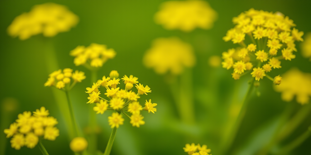 close-up of yellow dill flowers on green background, macro photography, f/2.8 aperture, 100mm lens, ISO 200, natural light, depth of field focus, DSLR camera