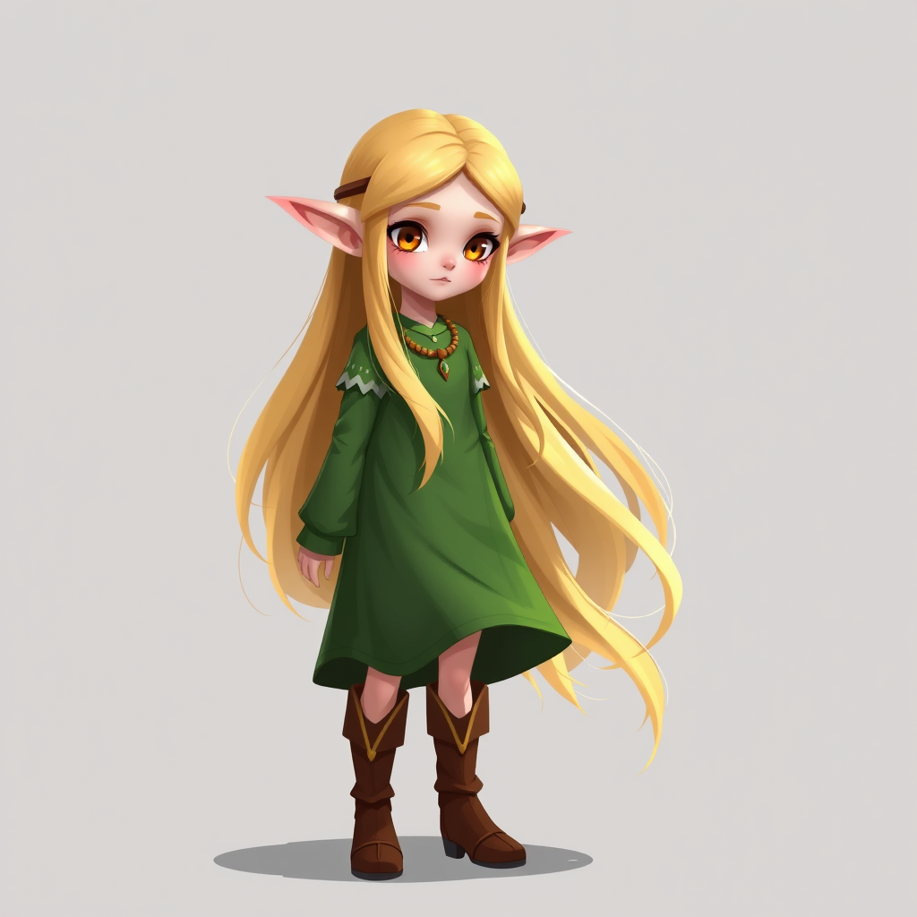 Create a high-resolution digital illustration of a fantasy elf character with long blonde hair and pointed ears, wearing a green dress and brown boots, set against a solid background, using a Canon EOS R5 camera, 50mm lens, f/1.8 aperture, ISO 100, and a soft focus effect for enhanced detail and vibrancy.