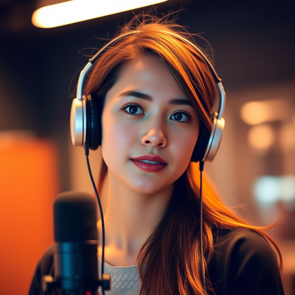 portrait of a young woman with headphones and a microphone in a professional setting, shallow depth of field, soft focus background, warm lighting, aperture f/2.8, ISO 100, 50mm lens, DSLR camera, 1/200 sec shutter speed, captured at eye level