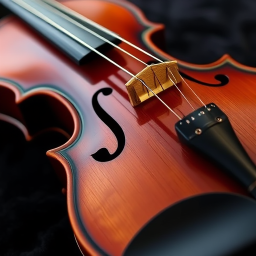 A beautifully detailed close-up of a wooden violin with a glossy finish, showcased on a black velvet background, using a DSLR camera, 50mm lens, aperture f/2.8, ISO 100, in natural lighting to enhance the richness of the wood grain and the shine of the strings.