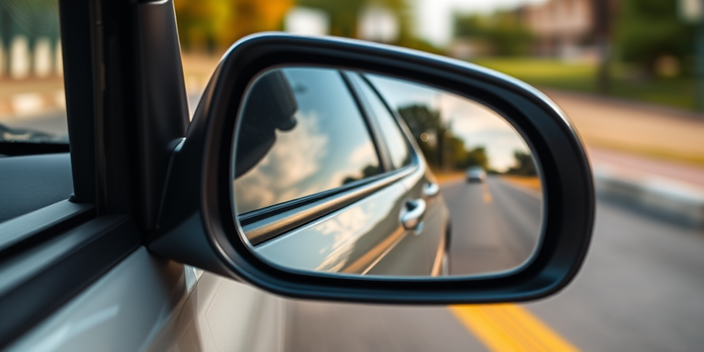 Create an image of a car side mirror reflecting a vibrant outdoor scene, captured with a DSLR camera at f/2.8 aperture, ISO 100, 1/500 sec exposure, using a wide-angle lens from a close-up perspective for enhanced detail and sharpness.