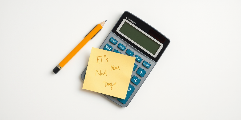 create a high-resolution image of a calculator with a sticky note and pencil on top, shot with a Canon EOS R5 at f/4, ISO 100, 50mm lens, top-down view, minimalistic style, soft natural lighting