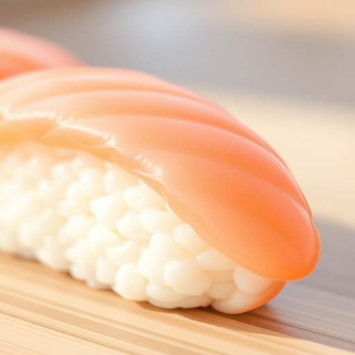 create a high-resolution digital illustration of a smooth, stylized piece of sushi, use a soft pastel color palette, set the camera to 50mm lens, f/2.8 aperture, 1/200s shutter speed, with a shallow depth of field to focus on the sushi and blur the background, captured in a natural light setting to enhance colors and textures.