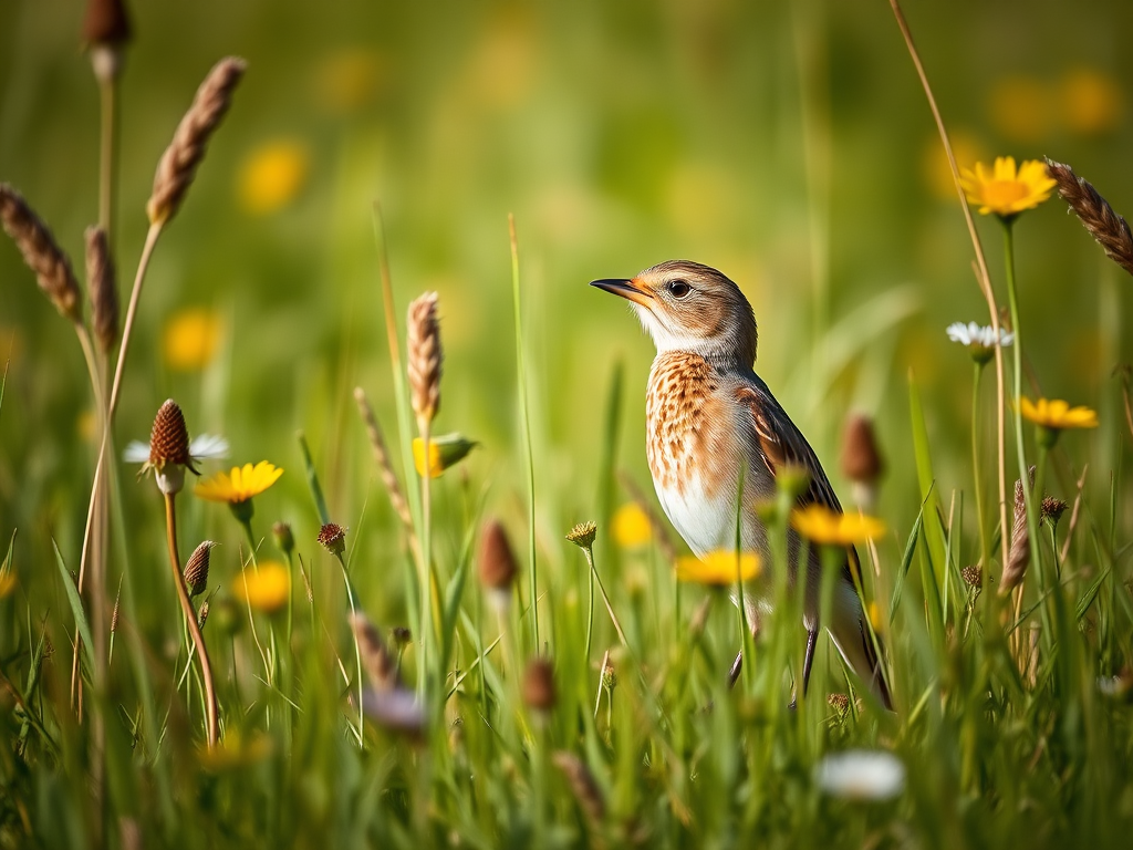 A detailed photo of a bird standing in tall grass with wildflowers in a sunny meadow, shot with a DSLR camera using a 100mm lens, aperture set to f/4, ISO 200, shutter speed 1/500 sec, natural lighting, capturing a shallow depth of field for a soft background blur.