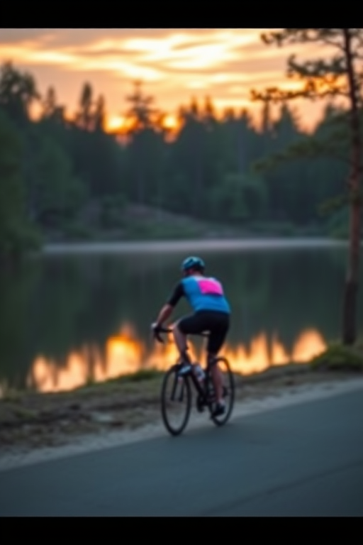 Create an image of a cyclist riding near a calm lake surrounded by trees during sunset, with a shallow depth of field, using a DSLR camera with a 50mm f/1.8 lens at an aperture of f/2.8, ISO 200, shutter speed 1/250 sec, capturing vibrant colors and soft lighting effects.