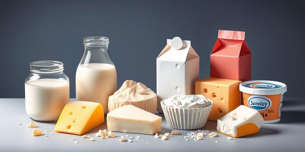 Create a high-resolution illustration of a dairy-themed composition featuring a jar of yogurt, a slice of cheese, a milk jug, a carton of milk, a block of cheese, and a container of sour cream, using a studio lighting setup with a 50mm lens at f/2.8, ISO 100, and a 1/125 sec shutter speed for crisp details and vibrant colors.