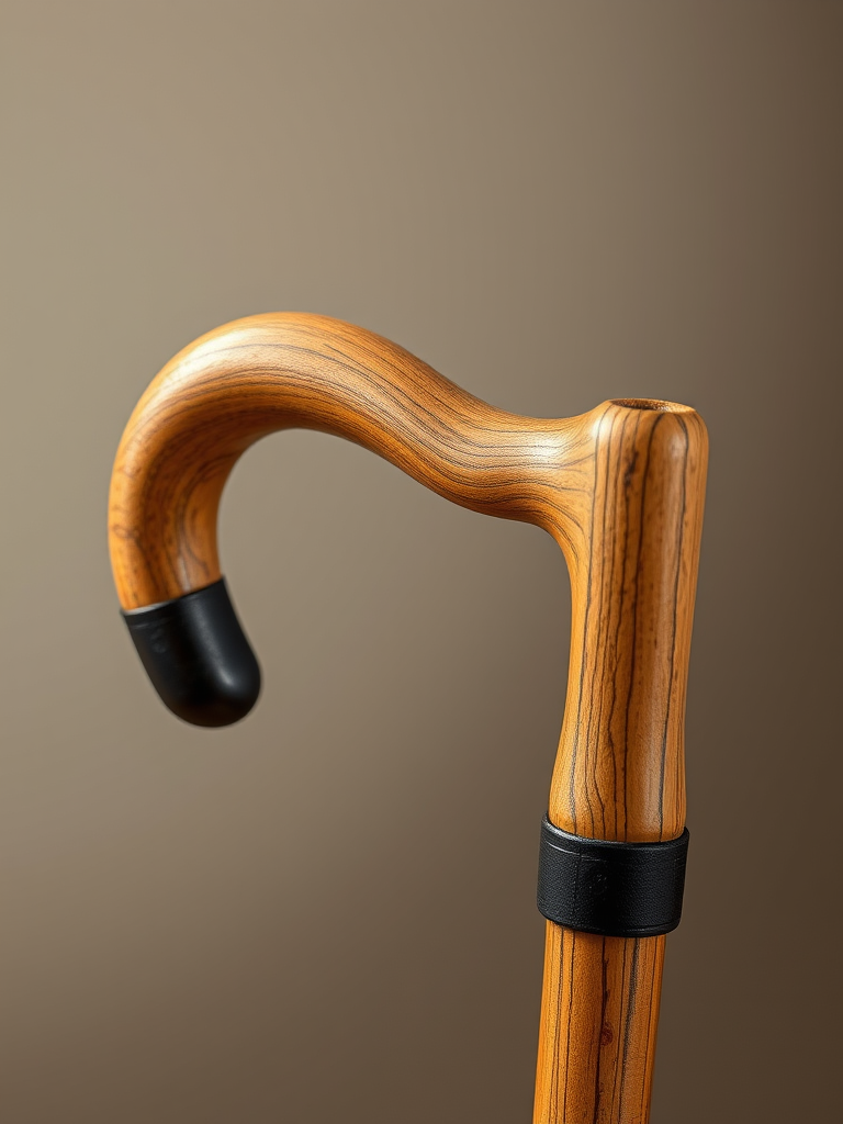 Create a hyper-realistic illustration of a wooden cane with a curved handle and a black rubber tip, using soft lighting, focus on texture details, portrait orientation, shot with a DSLR camera at f/2.8 aperture, 50mm lens, ISO 100, natural light.