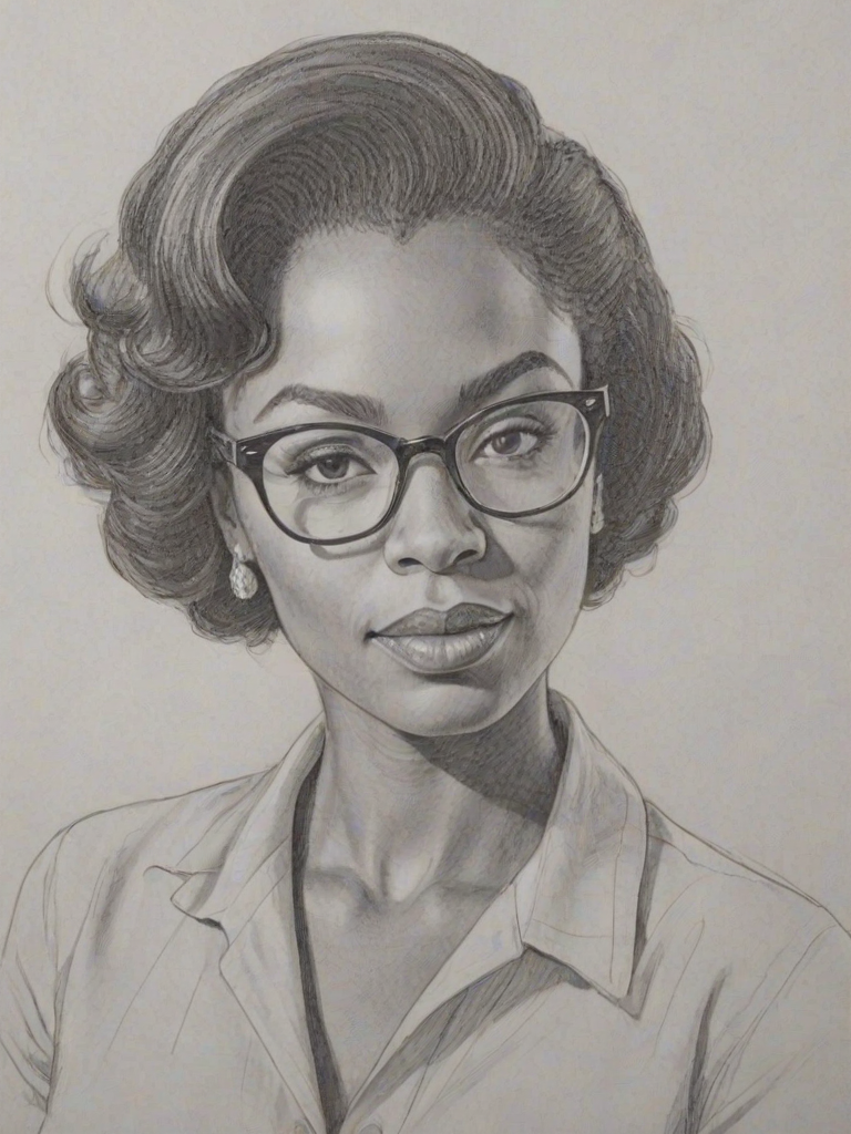 Graceful Monique Coleman, pencil sketch, portrait of Captivating woman 1954s in glasses, hair style beatnik, outline, clear lines, fine lines, 8k