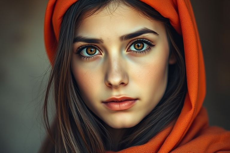 Create a portrait of a young Turkish female with long, dark hair and captivating hazel eyes. She is wearing a orange headscarf and a matching scarf draped gracefully around her neck. The background is softly blurred, focusing attention on her serene and natural expression. The overall color palette is muted and warm, enhancing the intimate and authentic feel of the portrait.