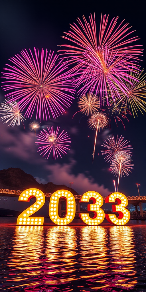 Create a vibrant New Year's Eve celebration scene featuring large, illuminated numbers "2023" in the foreground with colorful fireworks exploding above, captured with a DSLR camera at f/8, ISO 100, 4 seconds exposure, wide-angle lens, and a low angle view to emphasize the fireworks and reflections on water.