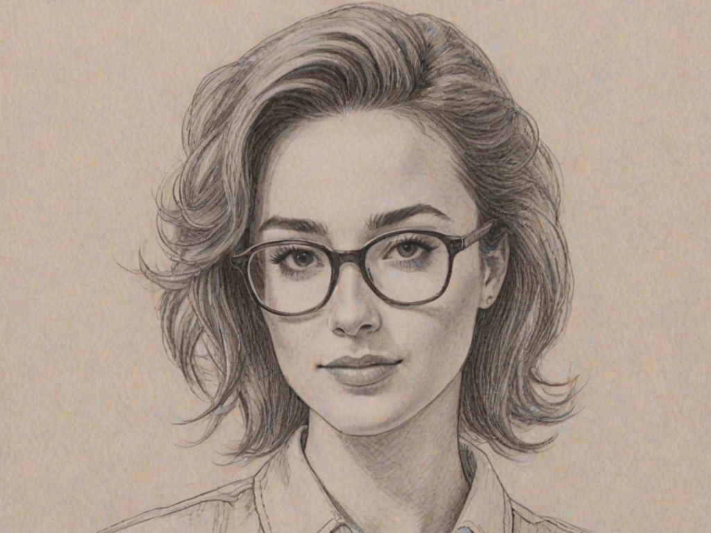 Appealing Allison Scagliotti, pencil sketch, portrait of Delightful woman 1980s in glasses, hair style beatnik, outline, clear lines, fine lines, 8k