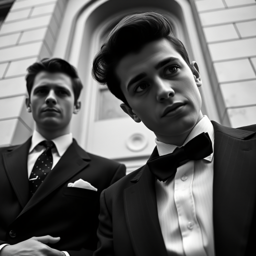 Black-and-white photograph, couple, tailored suits, retro hairstyles, film noir style, Tilt the camera for a dynamic Dutch angle using a versatile 24-70mm lens