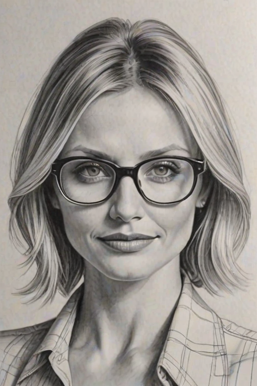 Captivating Cameron Diaz, pencil sketch, portrait of Gorgeous woman 1970s in glasses, hair style beatnik, outline, clear lines, fine lines, 8k