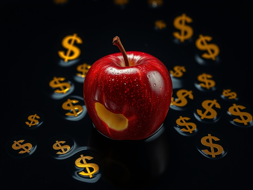 Create a high-resolution image of a glossy red apple with a bite taken out, surrounded by falling golden dollar signs, in a dark, reflective water surface, with soft studio lighting, using a Canon EOS R5, 50mm f/1.2 lens, ISO 100, f/8, shutter speed 1/125 sec, top-down perspective for an immersive effect.