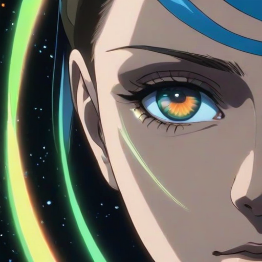 Anime screencap featuring a Minimalist and abstract side profile of a robot woman with a universe sprouting from her mind as she opens her eyes and attains consciousness for the first time in the dark. She has beautiful and intelligent bright orange eyes brimming with knowledge and benevolence. Mostly in hues of blue and green.