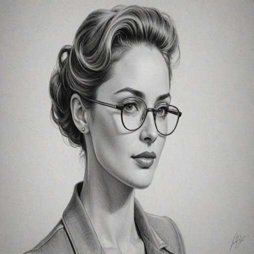 Graceful Justin Hartley, pencil sketch, portrait of Elegant woman 1951s in glasses, hair style beatnik, outline, clear lines, fine lines, 8k
