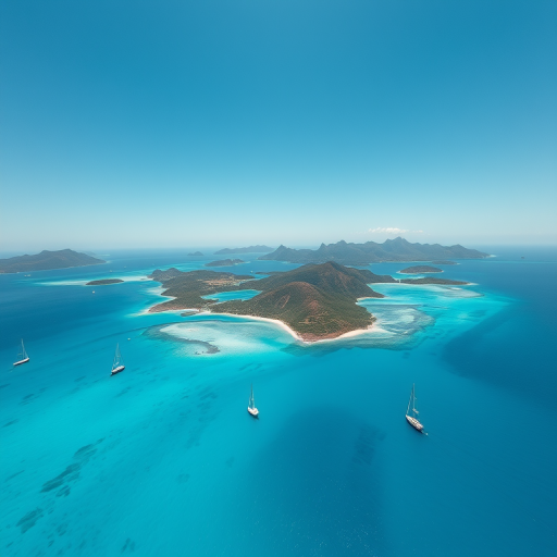 regenerate the image of a stunning turquoise sea with sailboats and mountainous islands under a clear blue sky using a drone camera view, with a resolution of 4K, aperture f/8, ISO 100, and shutter speed 1/250s to enhance image quality