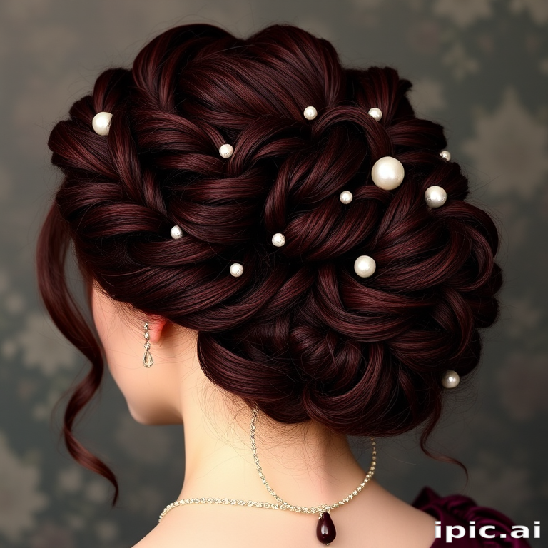 Deep burgundy locks fashioned into an elaborate, Renaissance-inspired updo with braided coils and pearl embellishments, embodying regal "Wine and Roses" elegance