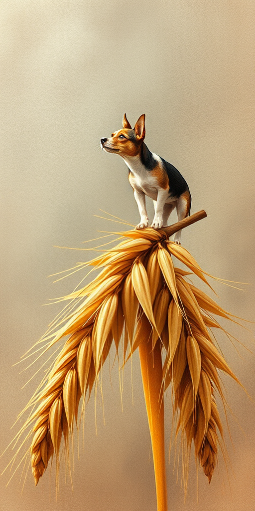 Soft, muted Alcohol Ink with ebru effect background image of tiny whimsical dog, who climbed high on the top of a golden rye ear.