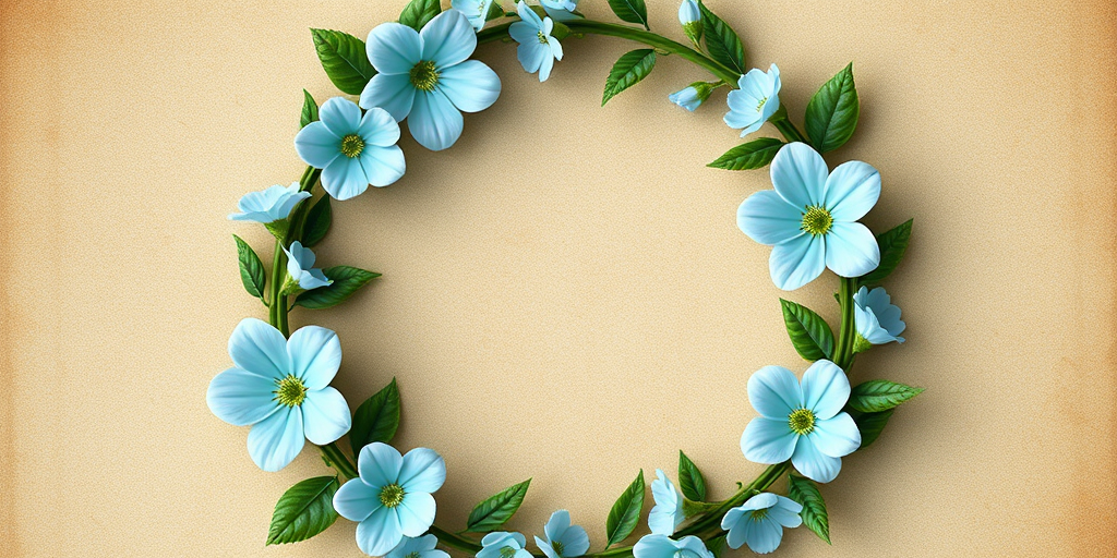 Create a digital illustration of a circular floral wreath featuring light blue flowers and green leaves on a textured vintage background, using a Canon EOS R5 camera with a 50mm f/1.2 lens, aperture set to f/2.8, ISO 100, and a soft natural light setting.