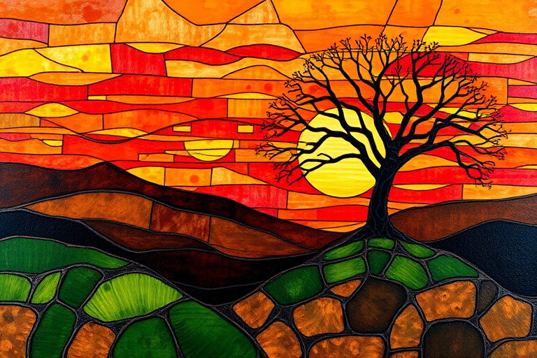 A vibrant abstract painting on Tiffany Glass, blending acrylic and alcohol ink techniques, captures a dramatic sunset over rolling hills. The artwork features a textured, rocky foreground in green and brown, layered abstract hills, and a striking sunset in rich oranges, yellows, and reds. A solitary black tree with intricate branches contrasts against the fiery sky, creating a dynamic and expressive portrayal of a breathtaking natural scene.