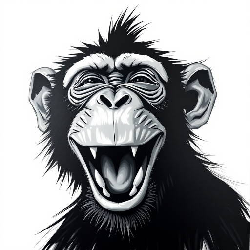 Abstract black and white acrylic portrait of an over exaggerated laughing (monkey). Minimalism style. White background.