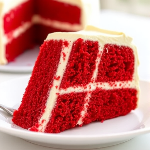 A slice of red velvet cake with cream cheese frosting on a white plate showing layers of red cake and white frosting in a bright and inviting setting with a whole cake in the background.